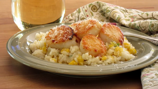 Pan Seared Sea Scallops and Corn Risotto